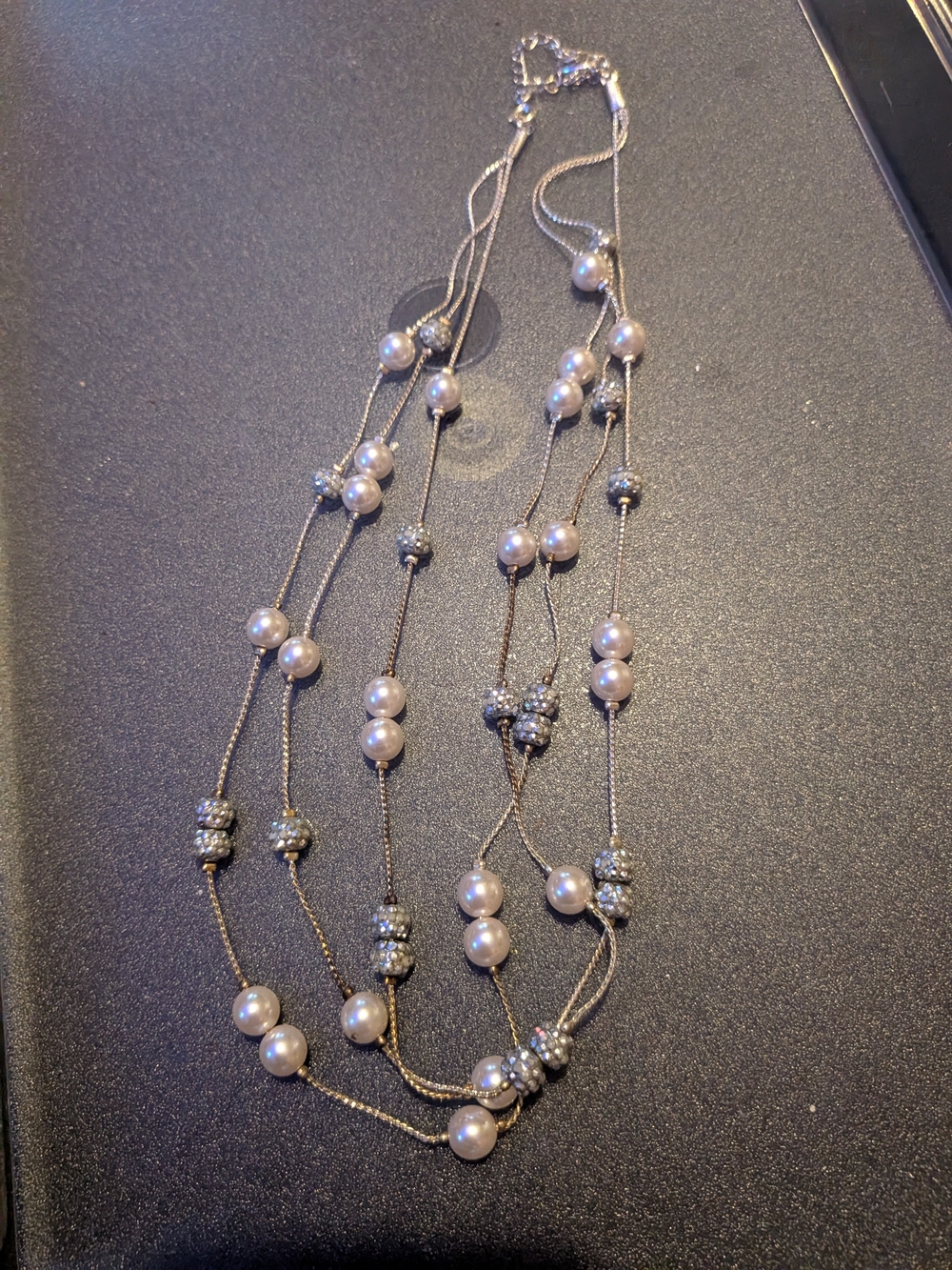 Pearl and Crystal Multi-Strand Necklace - Silver Tone